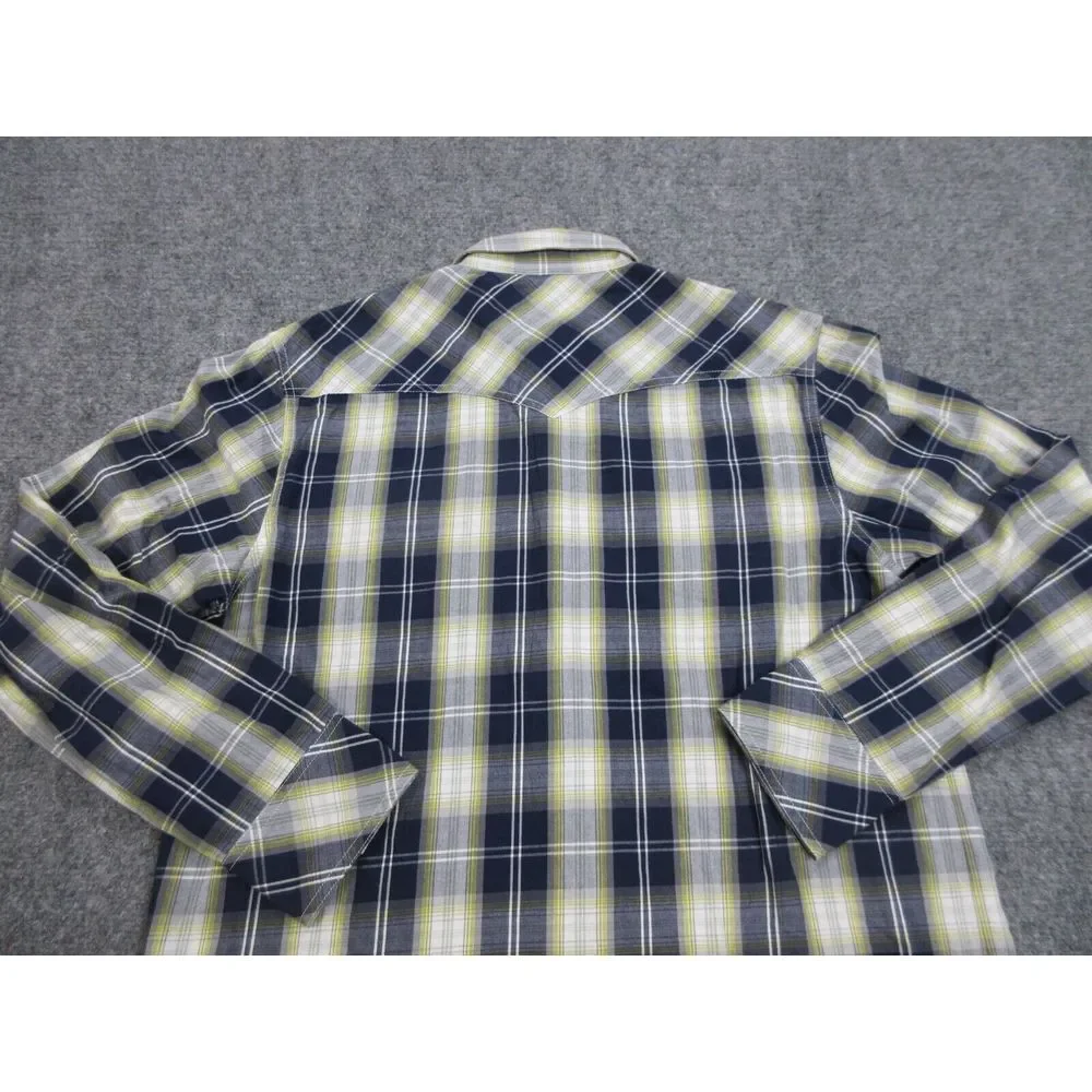 True Religion Shirt Mens Large‎ Blue Plaid Button Up Pearl Snap Western Cowboy